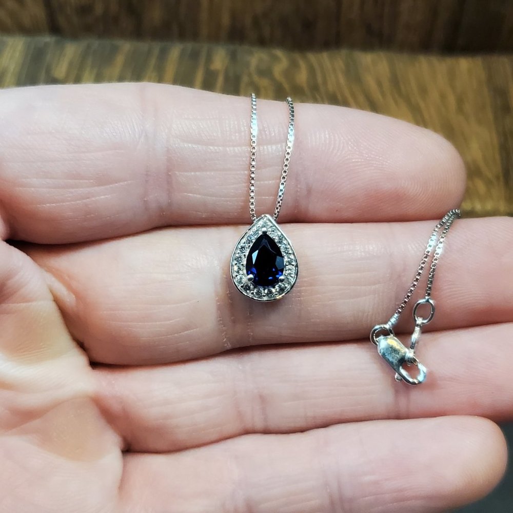 18 Inch 925 Sterling Silver Blue And Clear Sapphire Pendant Necklace - Picture 3 of 9